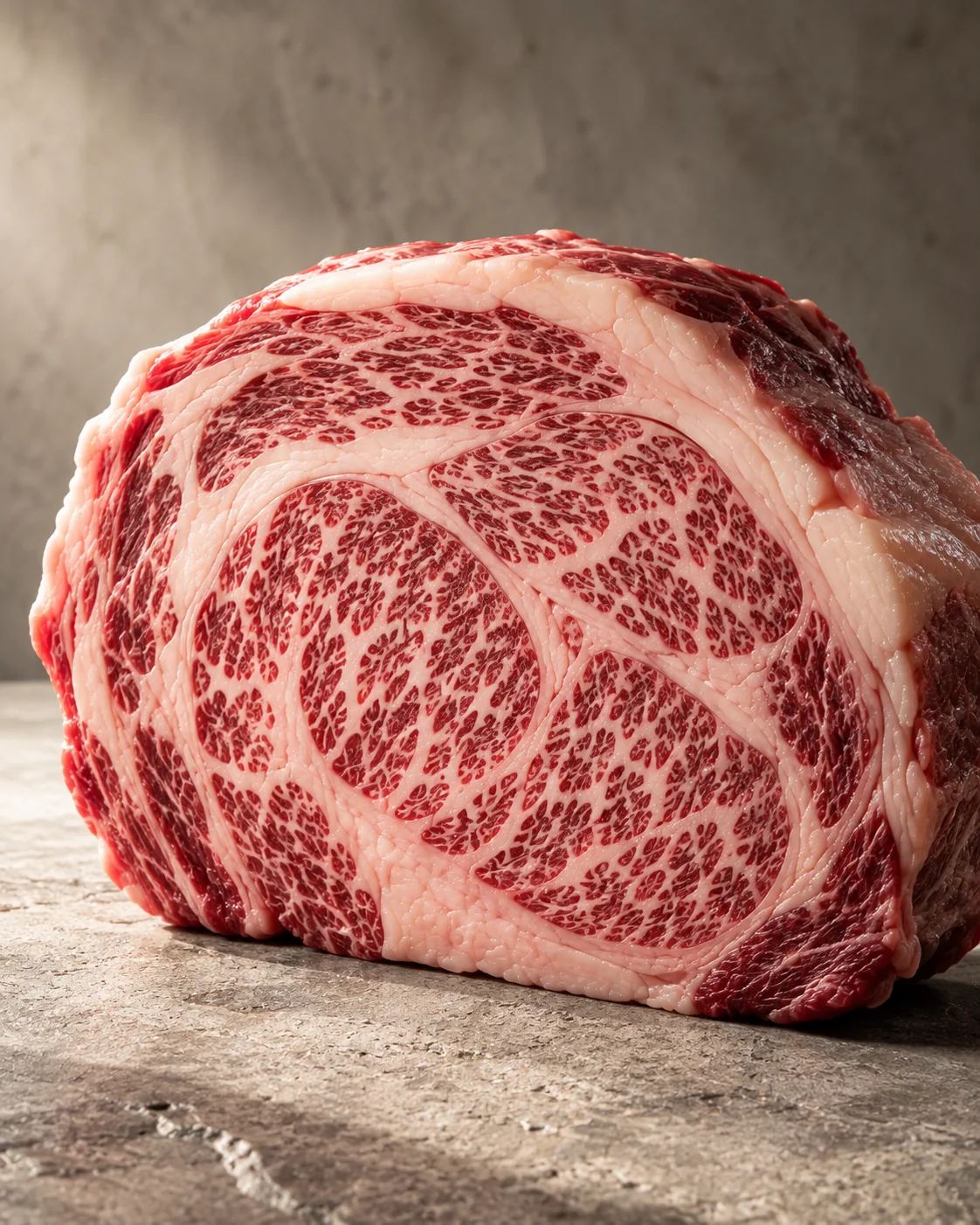 Cross-section of a heavily marbled Wagyu ribeye