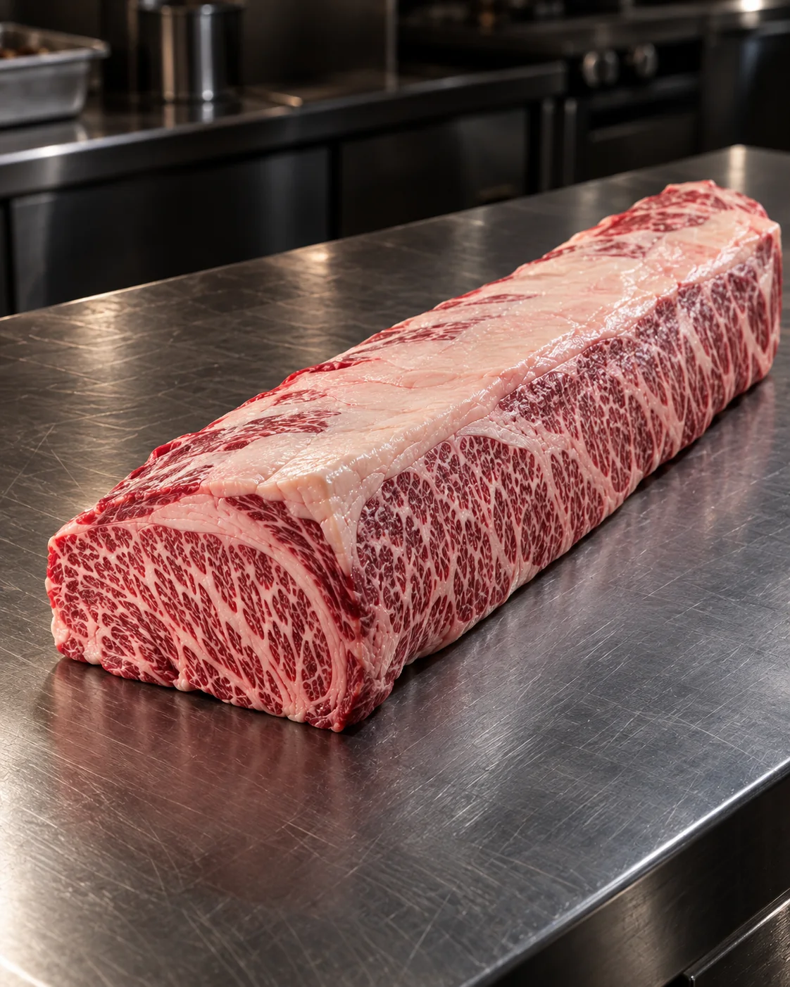Marbled Wagyu striploin loin on a stainless trade kitchen bench