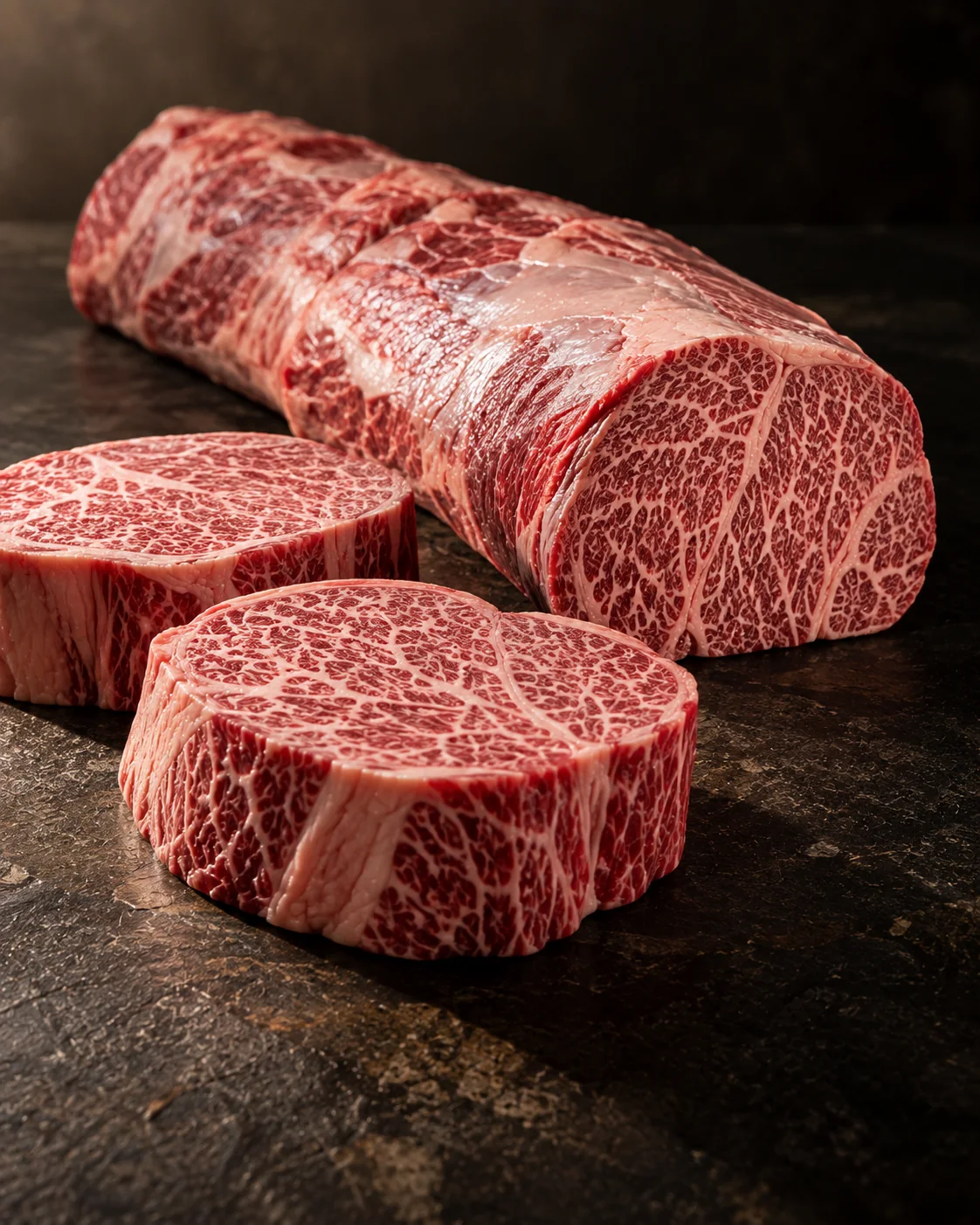 Wagyu tenderloin loin with two cut medallions on dark stone