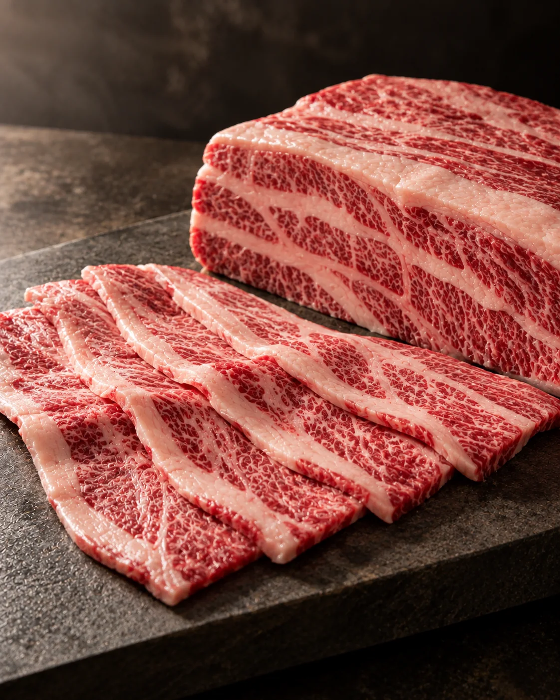 Thin-sliced Wagyu short plate arranged for yakiniku service