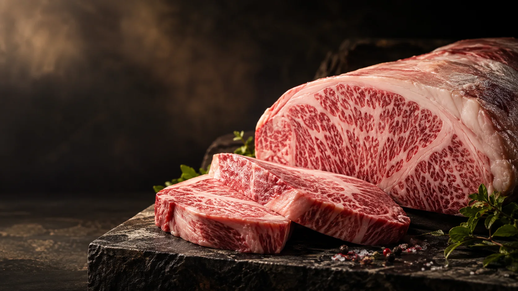Marbled Japanese Wagyu striploin and sliced steaks on a slate board
