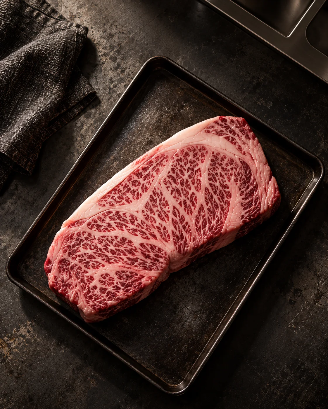 Marbled Wagyu block on a dark tray, the prefecture's characteristically dense marbling