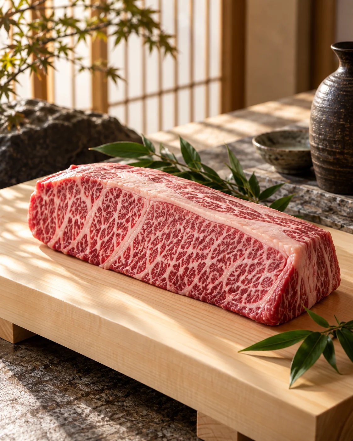 Marbled Wagyu loin on a hinoki board in a warm Japanese interior